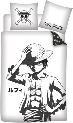 Parure de lit One Piece noir et blanc en 100% coton avec Monkey D. Luffy