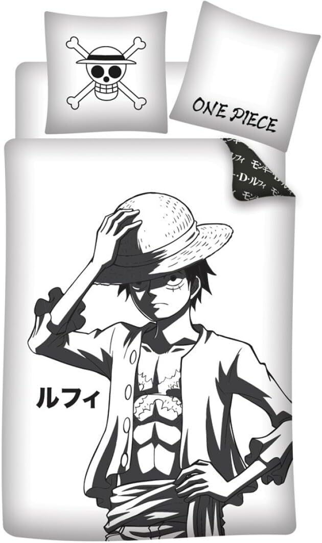 Parure de lit One Piece noir et blanc en 100% coton avec Monkey D. Luffy