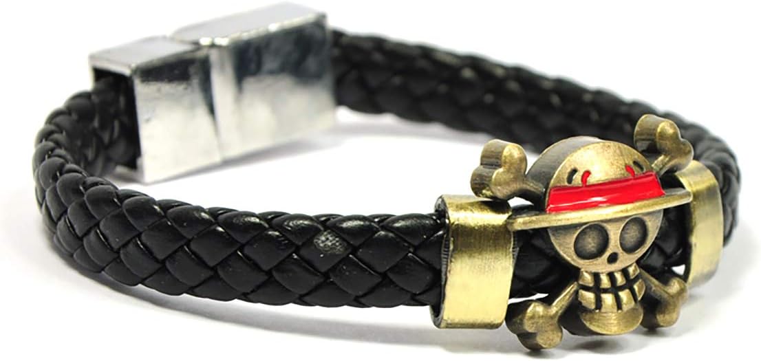 Bracelet One Piece en cuir tressé avec logo Jolly Rogers