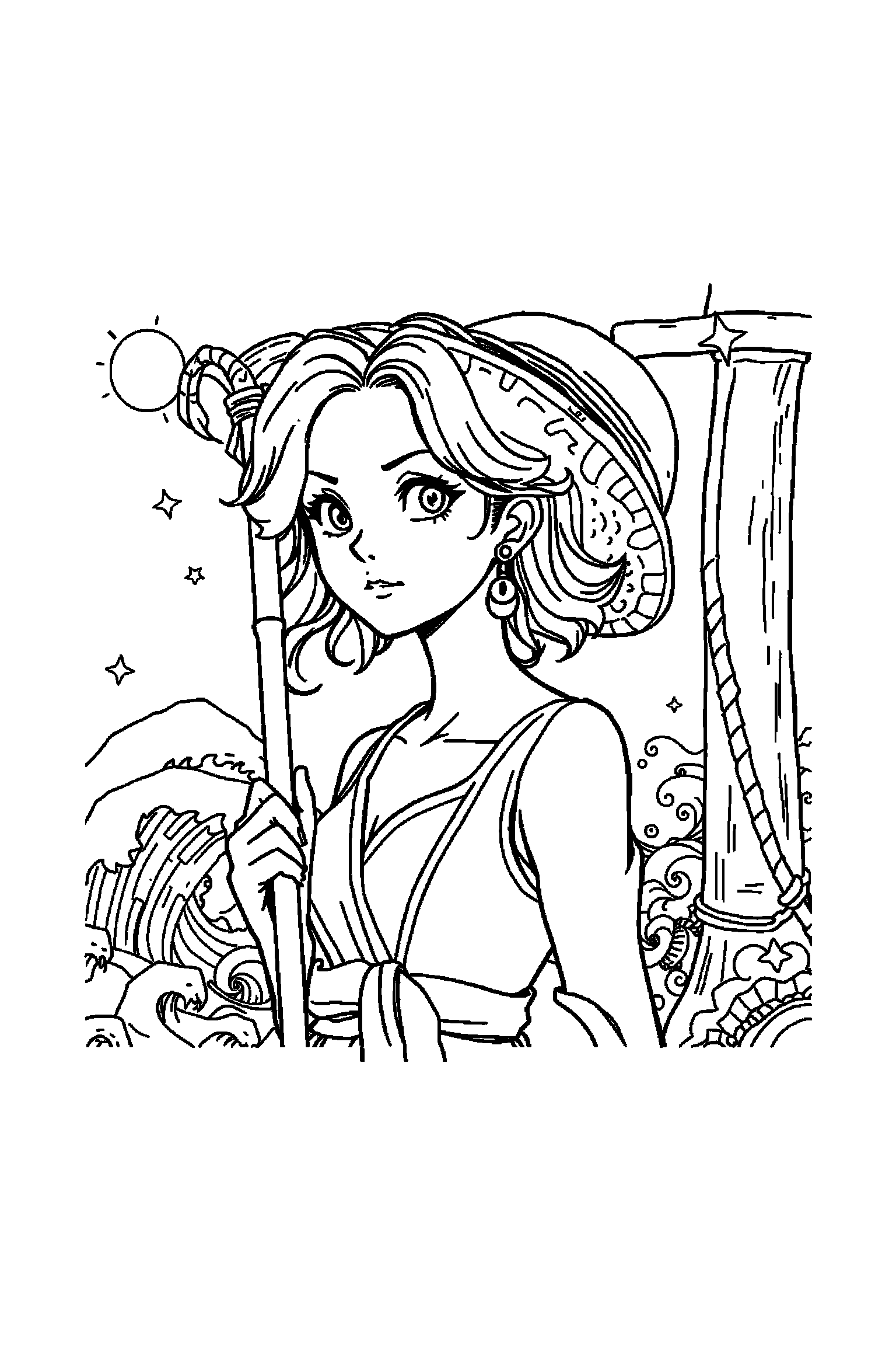 Coloriage One Piece gratuit à imprimer - Nami dans une scène verticale avec une ancre Coloriage One Piece gratuit à imprimer : Nami dans une scène verticale avec une ancre