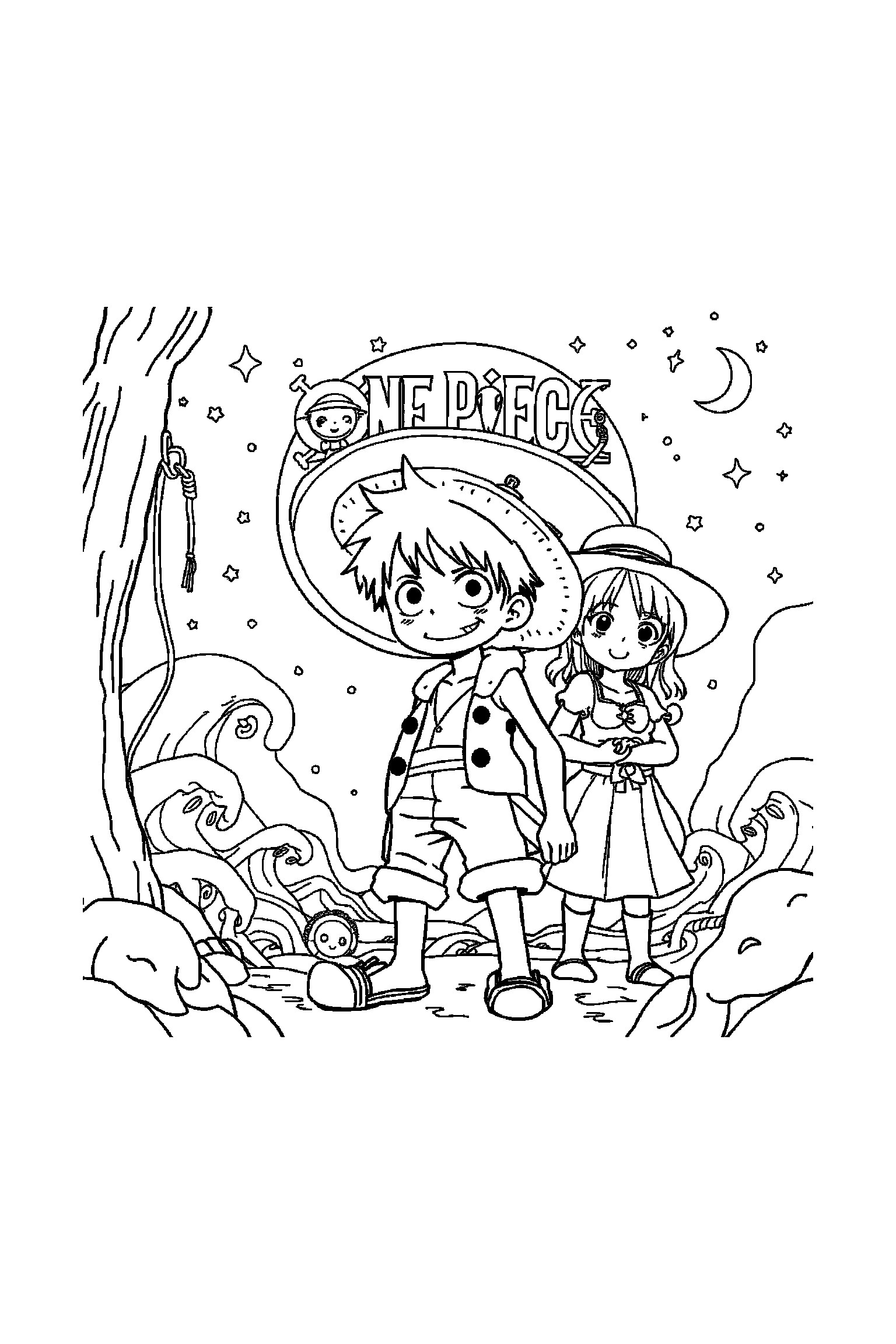 Coloriage One Piece gratuit à imprimer - l'équipage du Chapeau de paille avec arrière-plan complet à colorier Coloriage One Piece gratuit à imprimer : l'équipage du Chapeau de paille avec arrière-plan complet à colorier