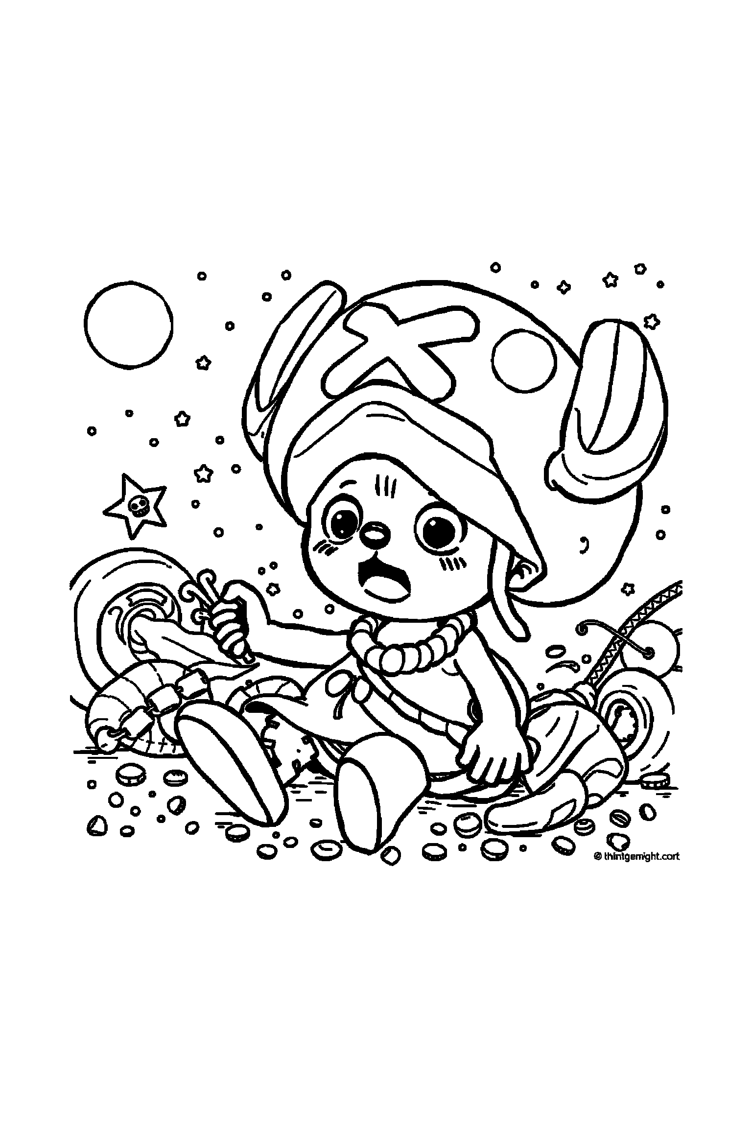 Coloriage One Piece gratuit à imprimer - Chopper entouré de pièces d'or et petits détails Coloriage One Piece gratuit à imprimer : Chopper entouré de pièces d'or et petits détails
