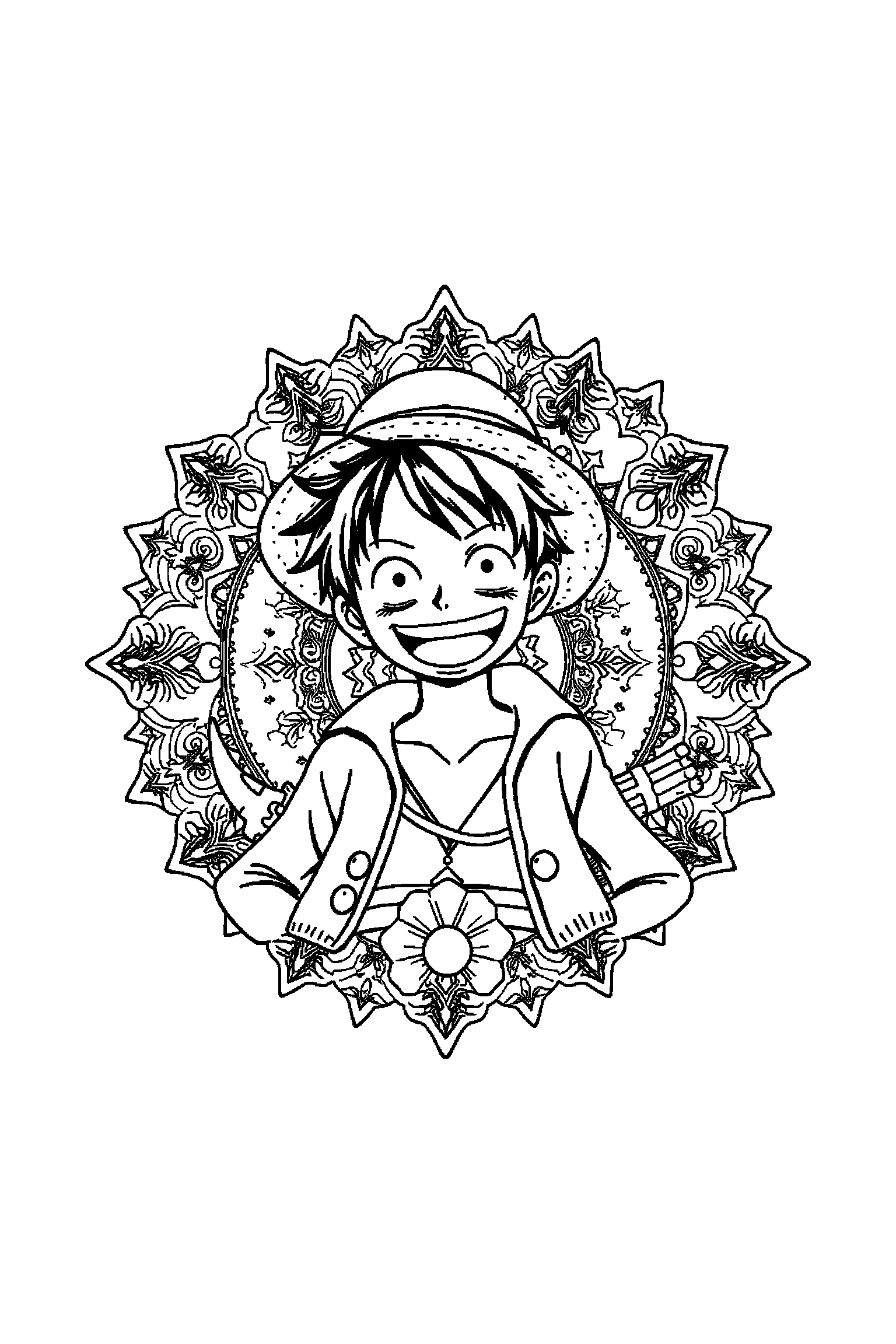 Coloriage One Piece gratuit à imprimer - poster A4 détaillé de Luffy avec mandala vagues Coloriage One Piece gratuit à imprimer : poster A4 détaillé de Luffy avec mandala vagues