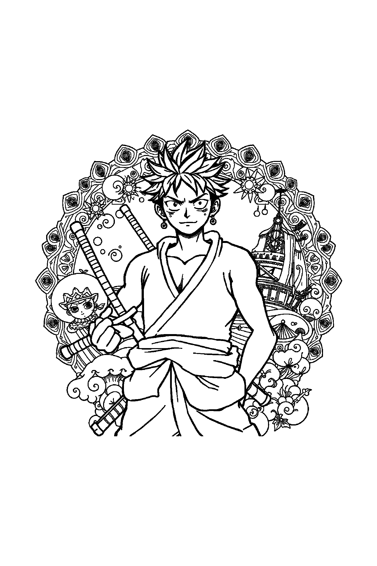 Coloriage One Piece gratuit à imprimer - Zoro au centre avec scène détaillée de une île au trésor Coloriage One Piece gratuit à imprimer : Zoro au centre avec scène détaillée de une île au trésor