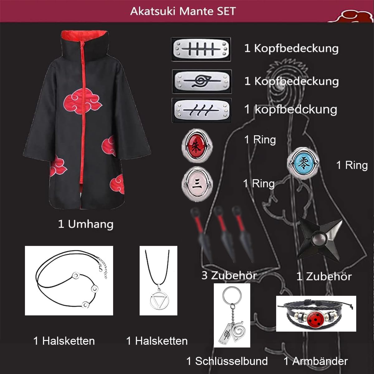 Costume Akatsuki Hidan Itachi 15 pièces avec accessoires cosplay – Image 3
