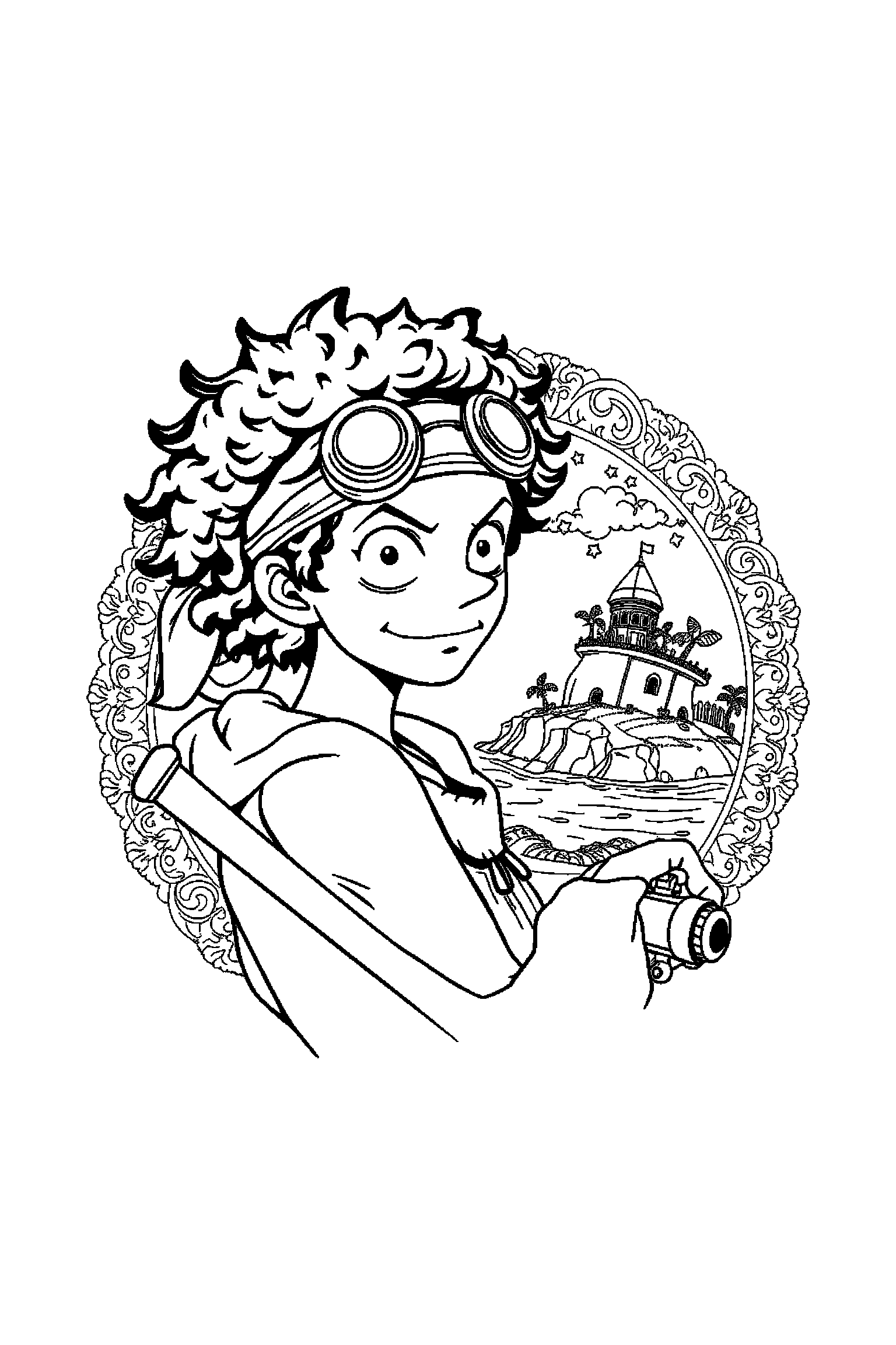 Coloriage One Piece gratuit à imprimer - Usopp au centre avec scène détaillée de une île au trésor Coloriage One Piece gratuit à imprimer : Usopp au centre avec scène détaillée de une île au trésor