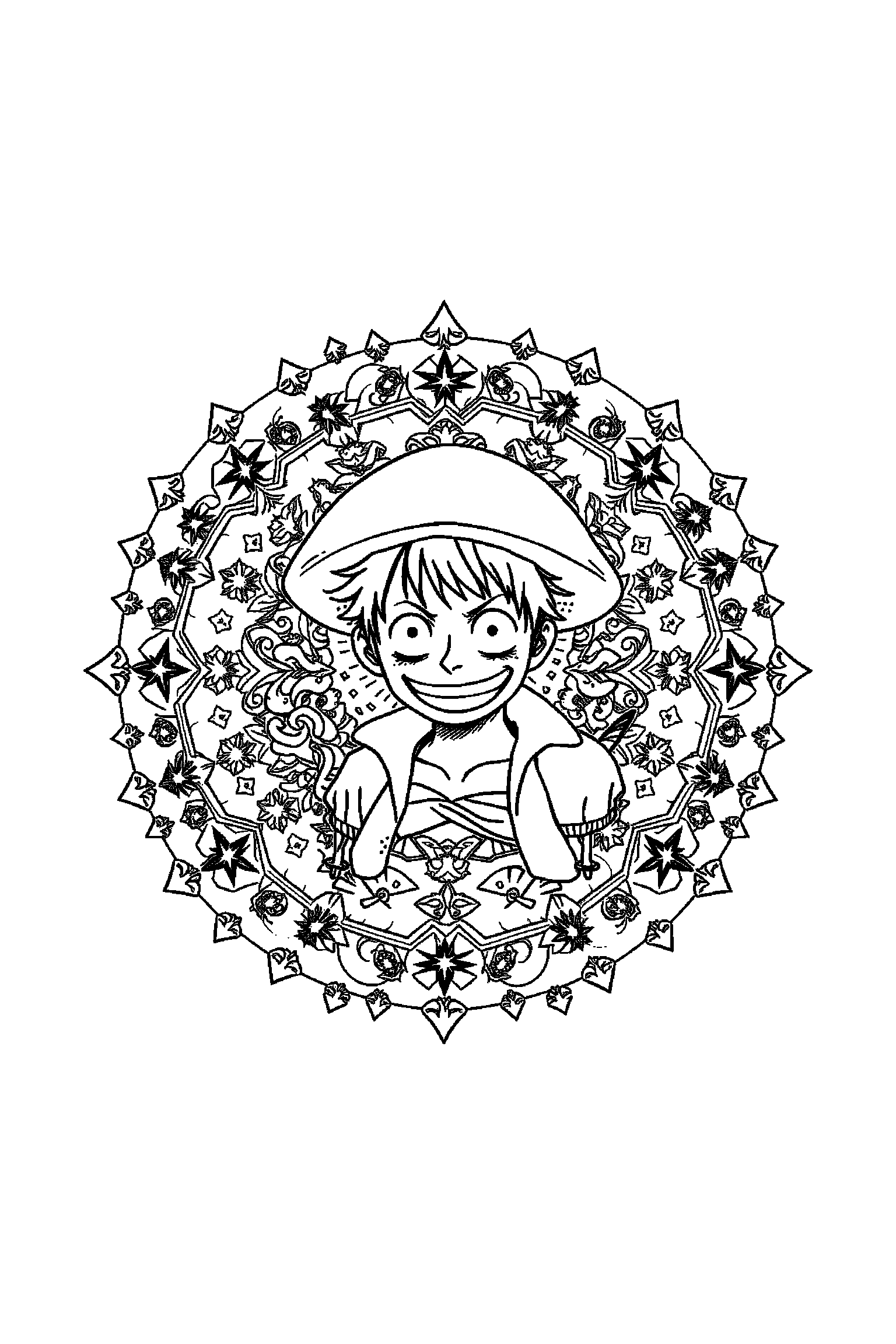 Coloriage One Piece gratuit à imprimer - motif difficile de étoiles de mer autour de Luffy Coloriage One Piece gratuit à imprimer : motif difficile de étoiles de mer autour de Luffy
