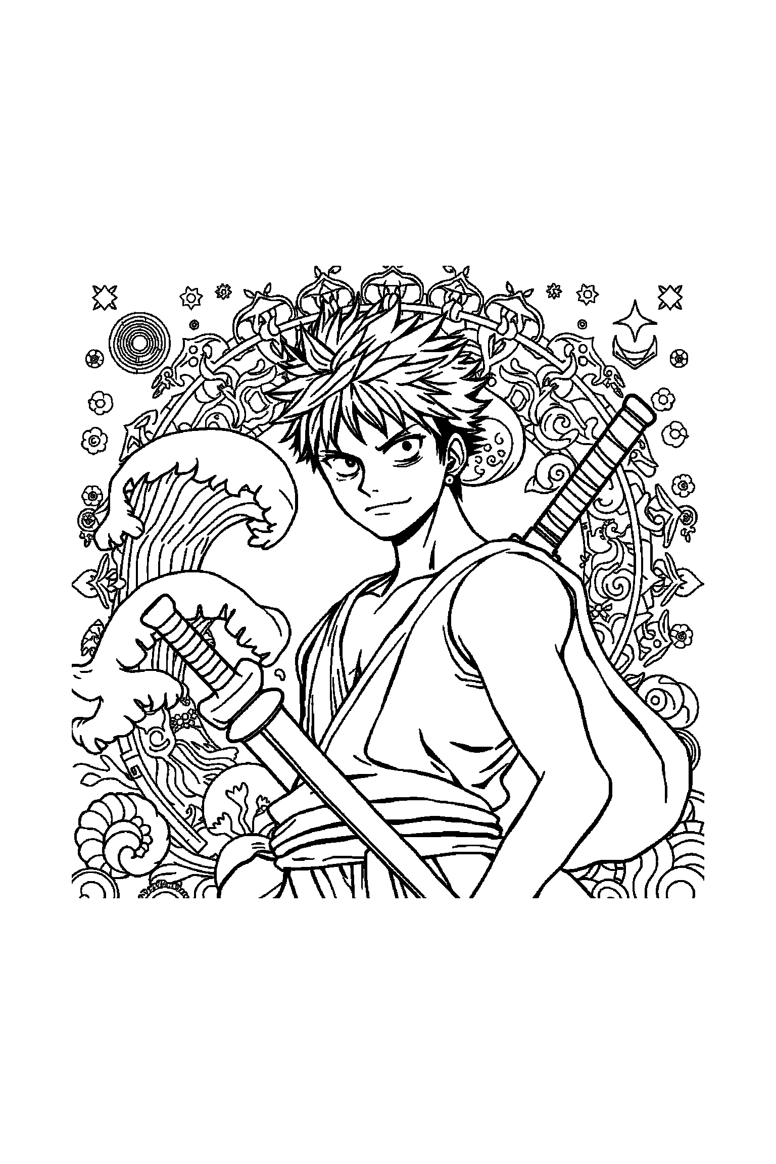 Coloriage One Piece gratuit à imprimer - scène verticale détaillée avec Zoro et un gouvernail Coloriage One Piece gratuit à imprimer : scène verticale détaillée avec Zoro et un gouvernail