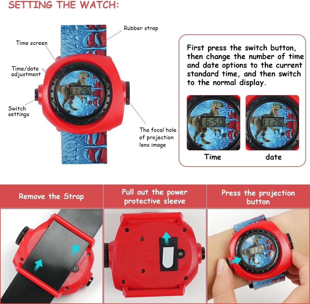 Montre projecteur One Piece enfant avec 24 motifs, couleur Dinosaure – Image 3