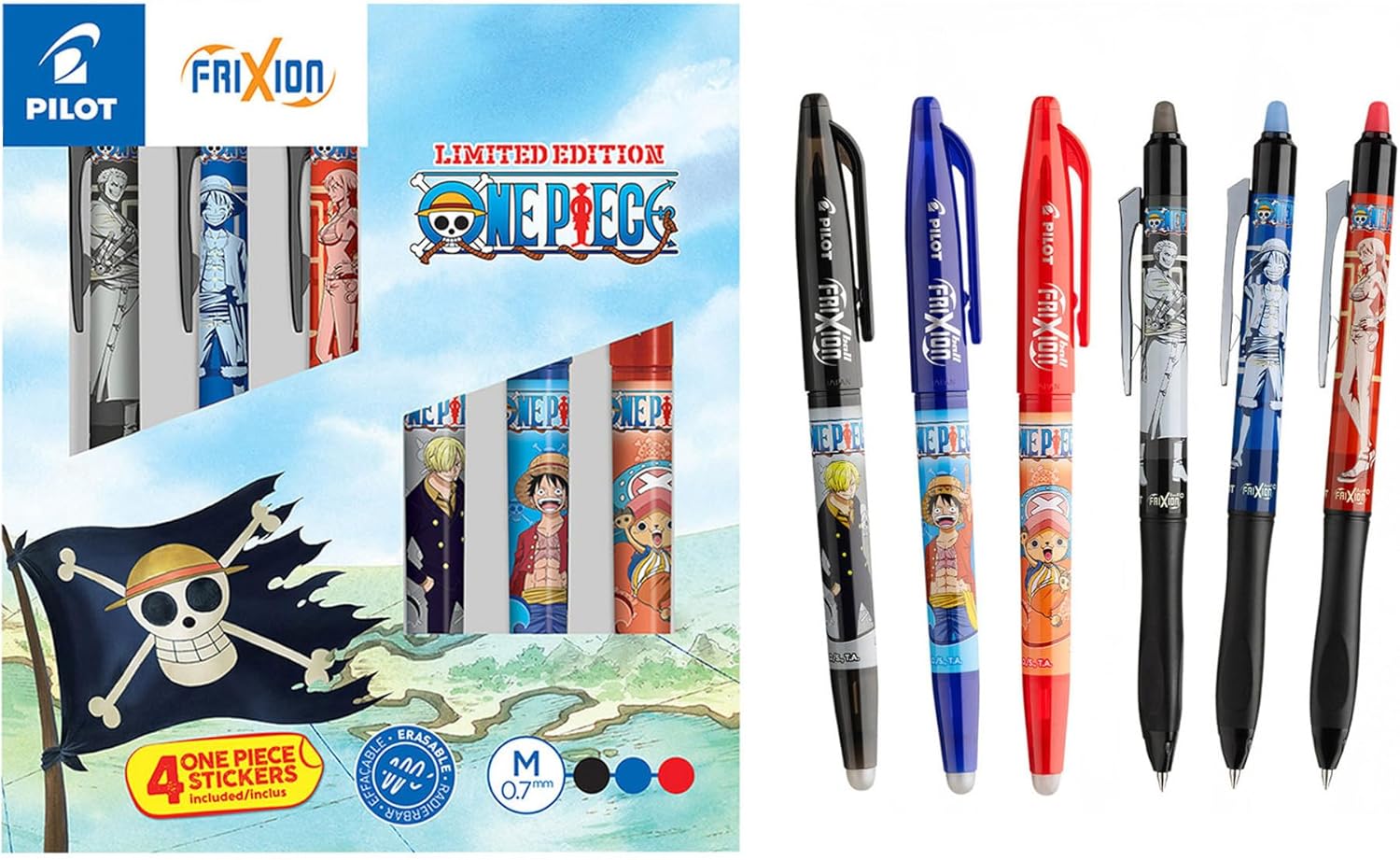 Coffret PILOT x ONE PIECE édition limitée avec 3 FriXion Ball, 3 FriXion Ball Plus et 4 stickers