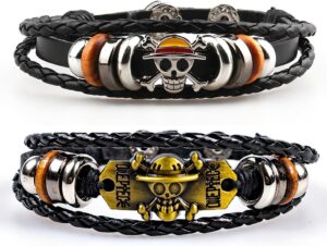 Bracelets One Piece enfant en cuir tressé et crâne Jolly Roger, lot de 2