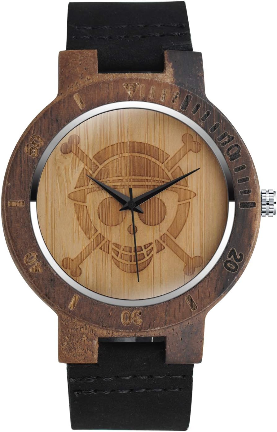 Montre One Piece à quartz en bois de bambou motif ancre