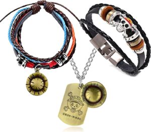 Set One Piece Trafalgar Law Luffy et squelette avec collier, bracelets et autocollants