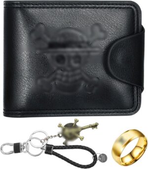 Portefeuille One Piece noir en cuir pliable avec porte-clés et anneau or