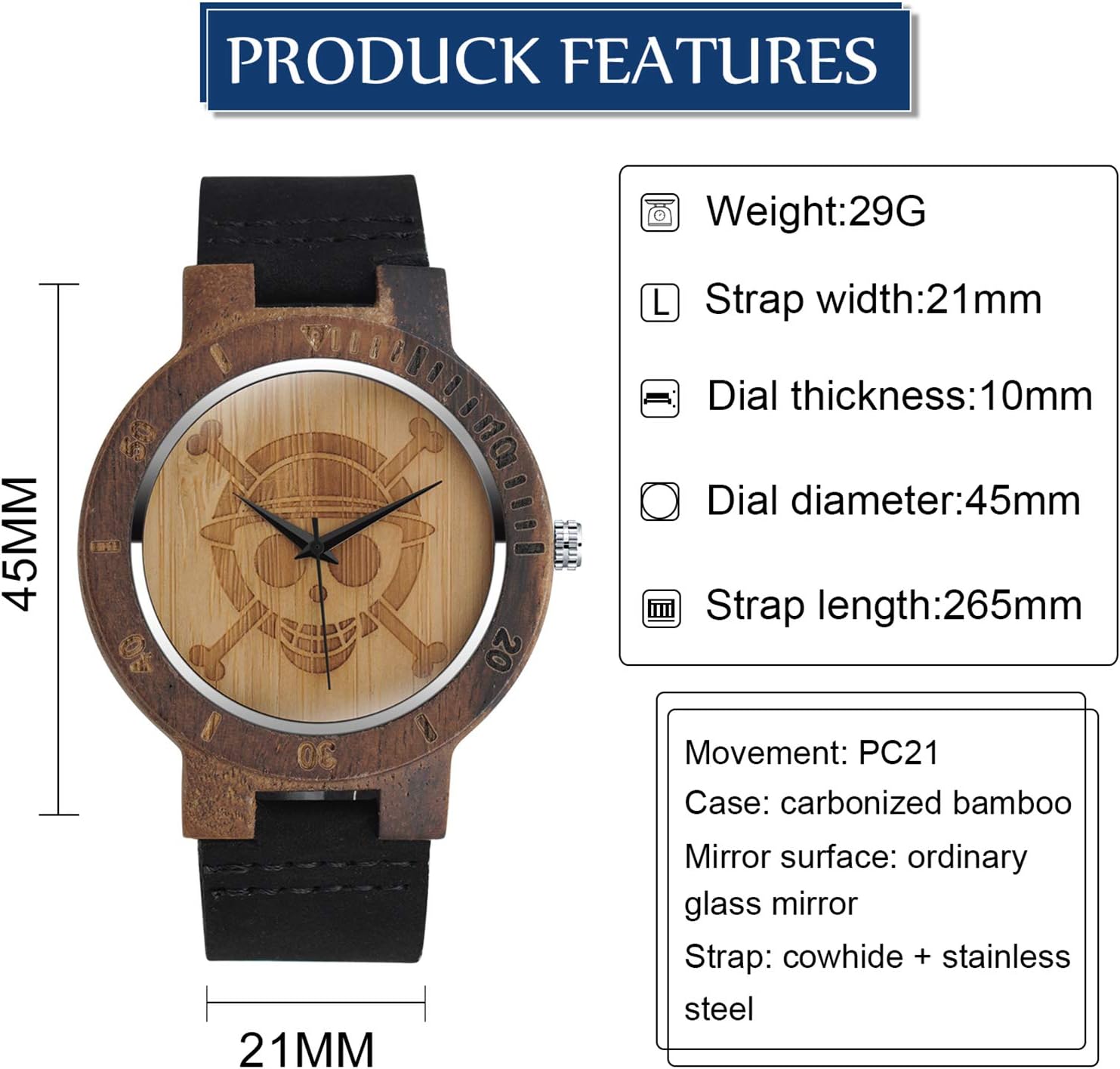 Montre One Piece à quartz en bois de bambou motif ancre – Image 2