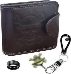 Portefeuille pliable One Piece en cuir brun avec porte-clés et anneau