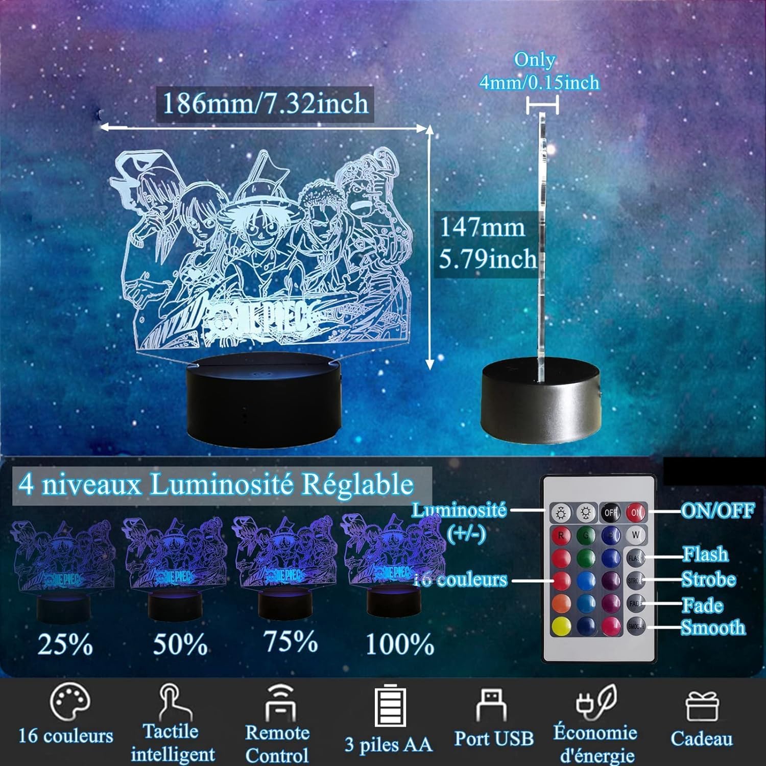 Veilleuse One Piece 3D LED avec télécommande 16 couleurs – Image 3