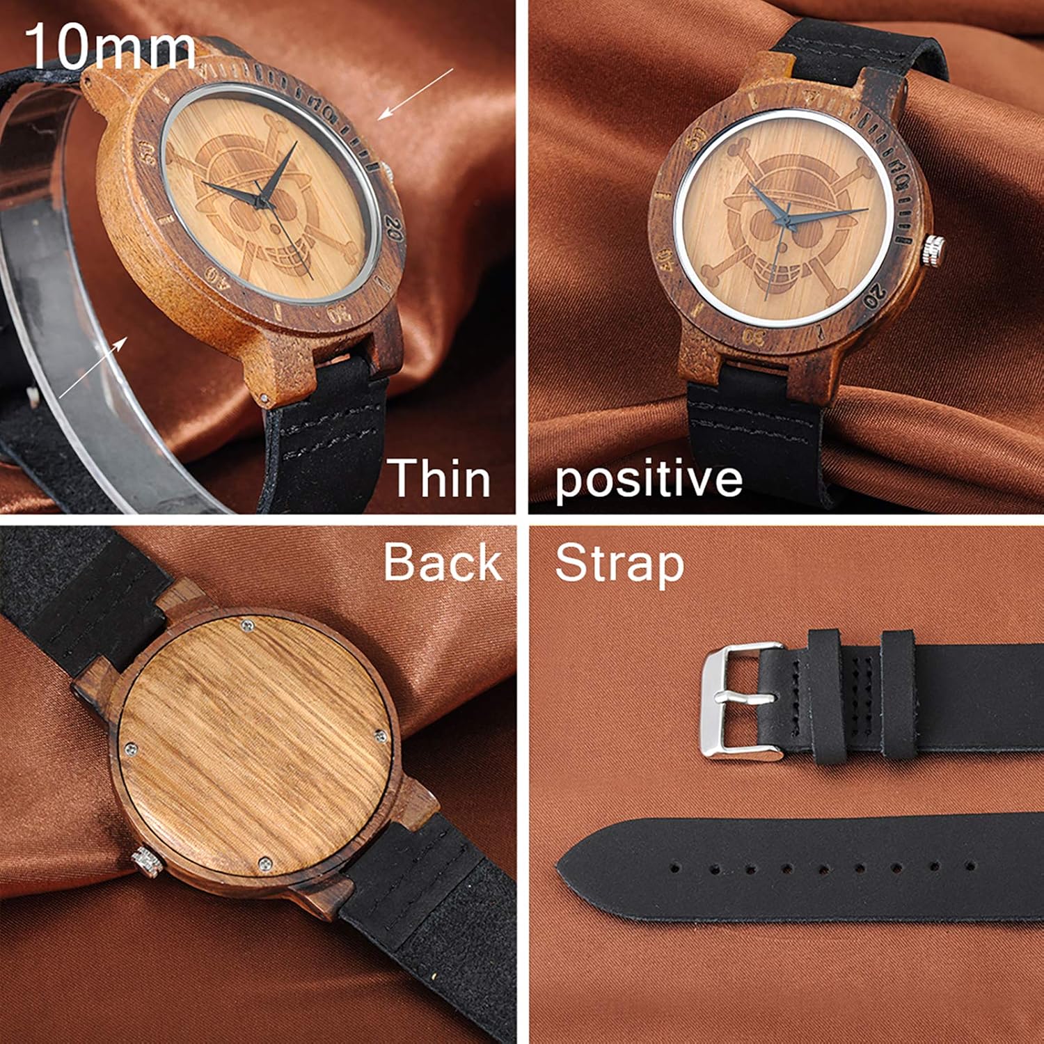 Montre One Piece à quartz en bois de bambou motif ancre – Image 3