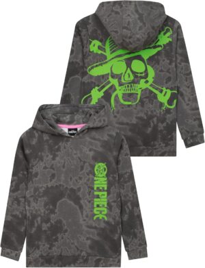 Hoodie enfant One Piece gris avec logo vertical et Jolly Roger