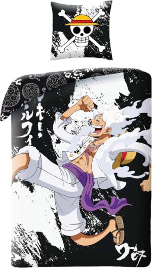 Parure One Piece Luffy Gear 5 noir et blanc avec housse de couette 140x200 cm et taie 63x63 cm