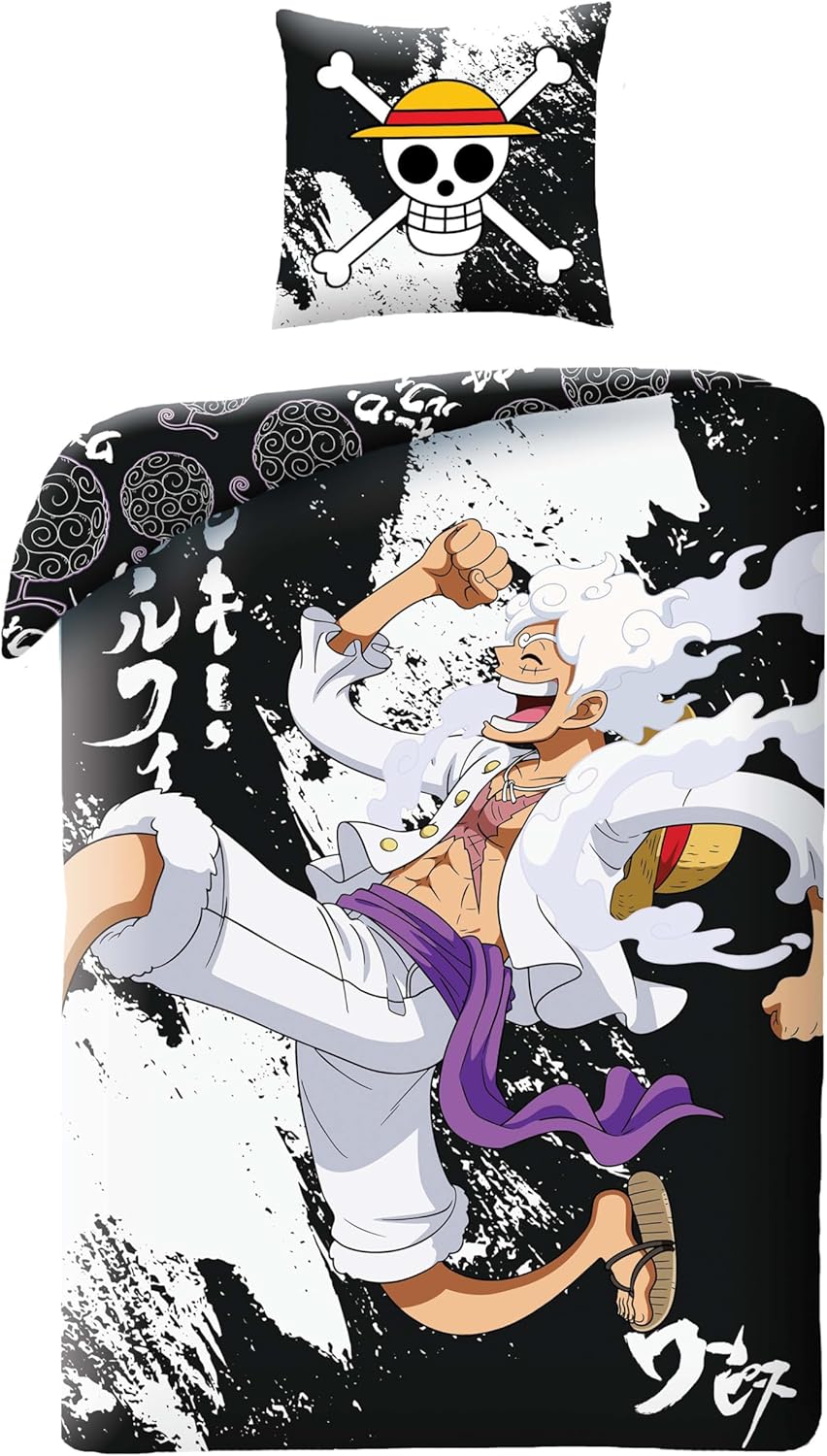 Parure One Piece Luffy Gear 5 noir et blanc avec housse de couette 140x200 cm et taie 63x63 cm