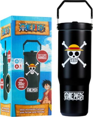 Gourde isotherme One Piece noire avec paille et poignée 850