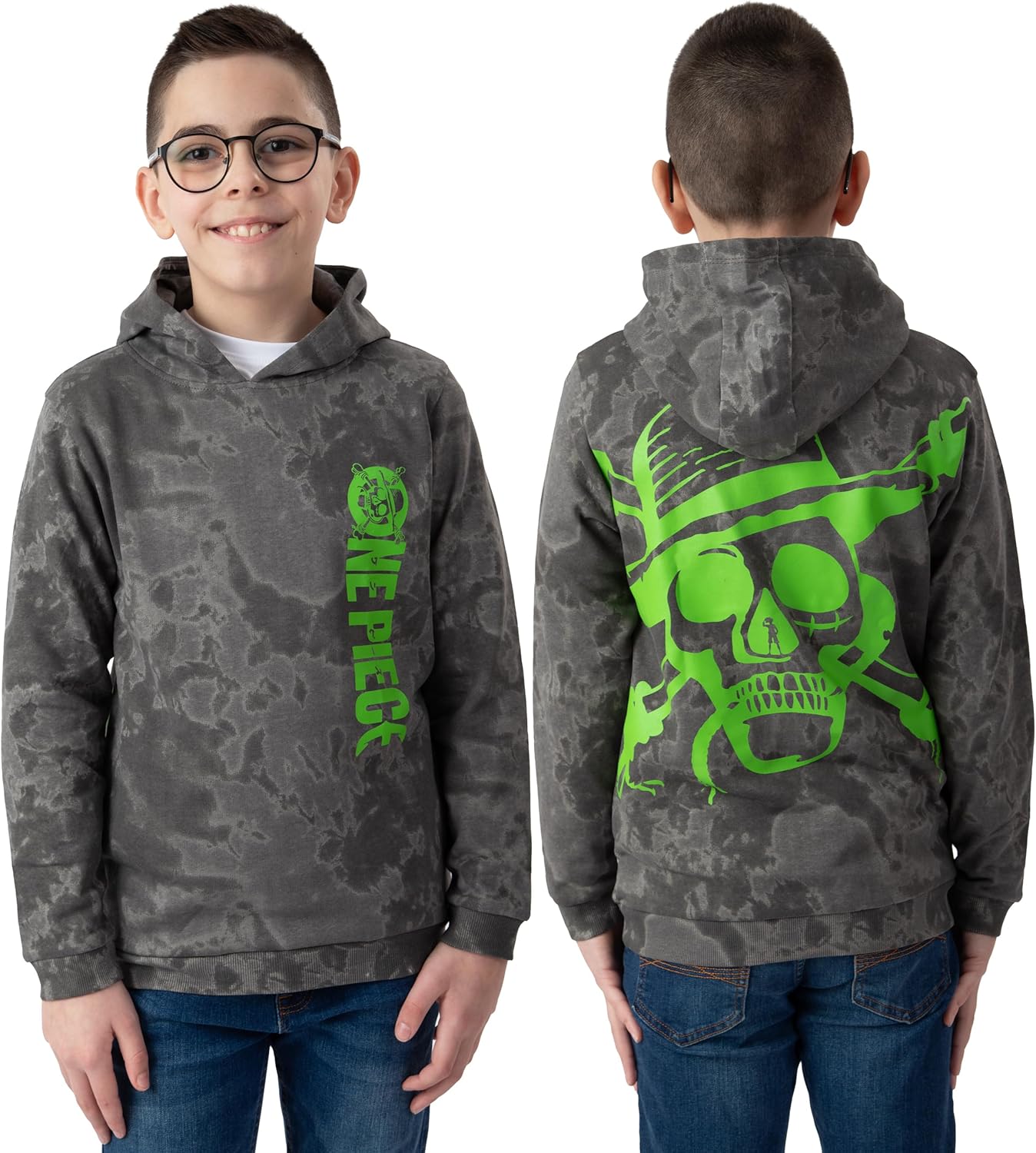 Sweat à capuche One Piece garçon gris, logo vertical et Jolly Roger – Image 2