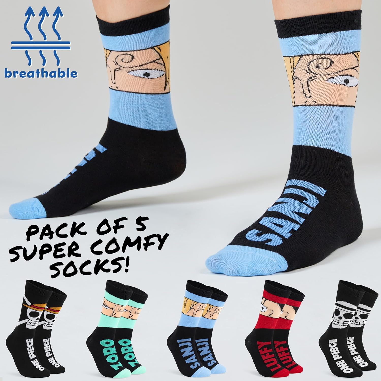 One Piece lot de 5 chaussettes mi-mollet noir Luffy homme et ado – Image 6