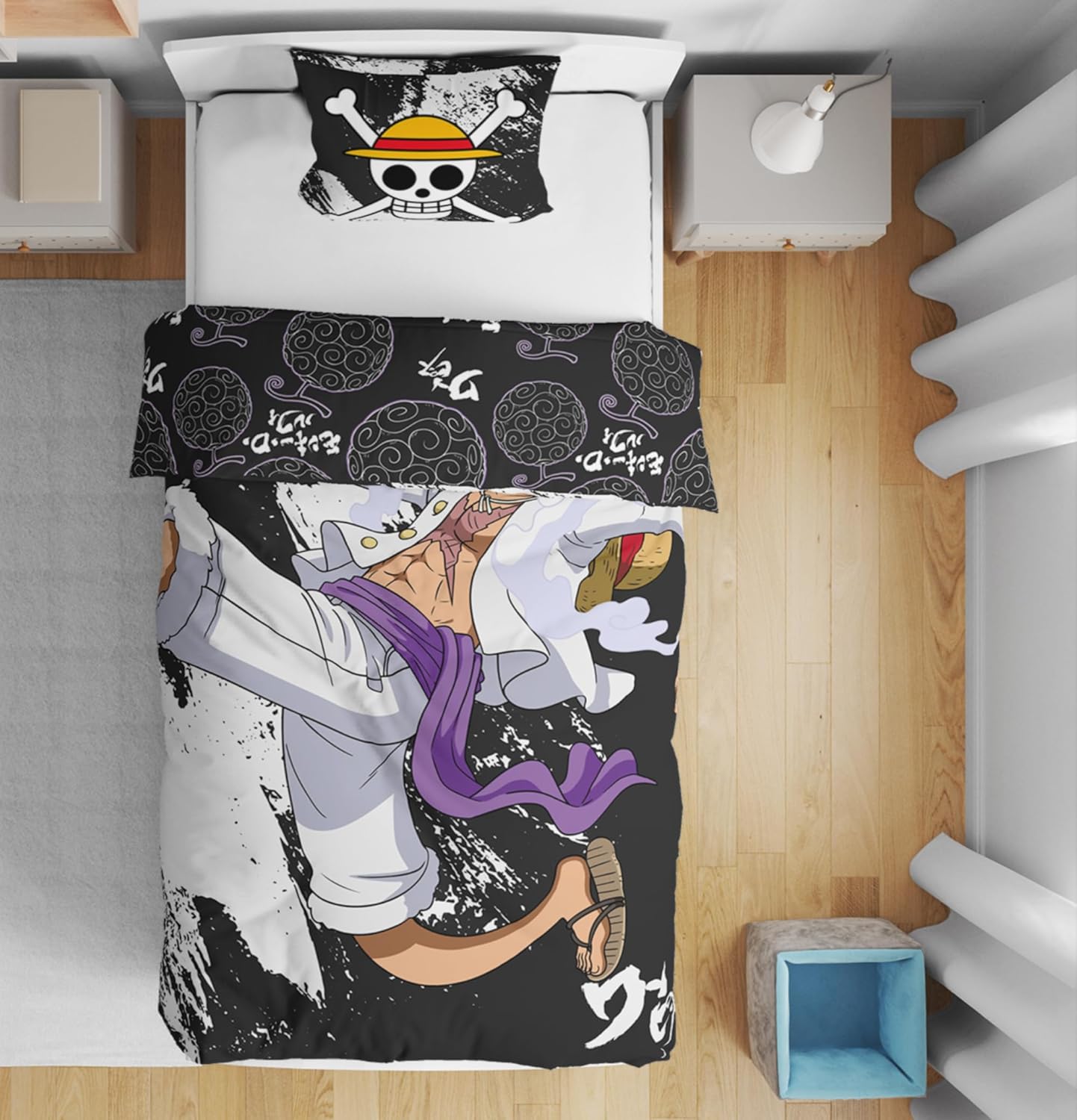 Parure One Piece Luffy Gear 5 noir et blanc avec housse de couette 140x200 cm et taie 63x63 cm – Image 2