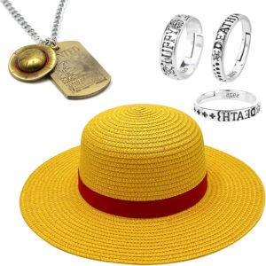 Chapeau de paille Luffy One Piece avec collier, bagues et 15 stickers