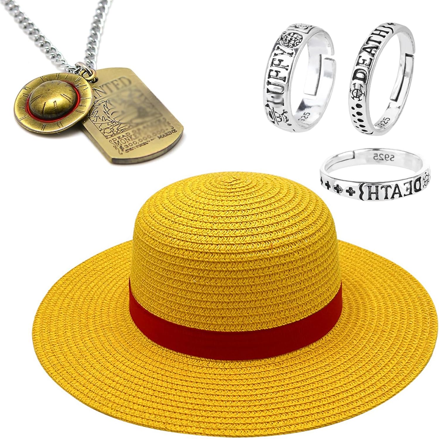 Chapeau de paille Luffy One Piece avec collier, bagues et 15 stickers