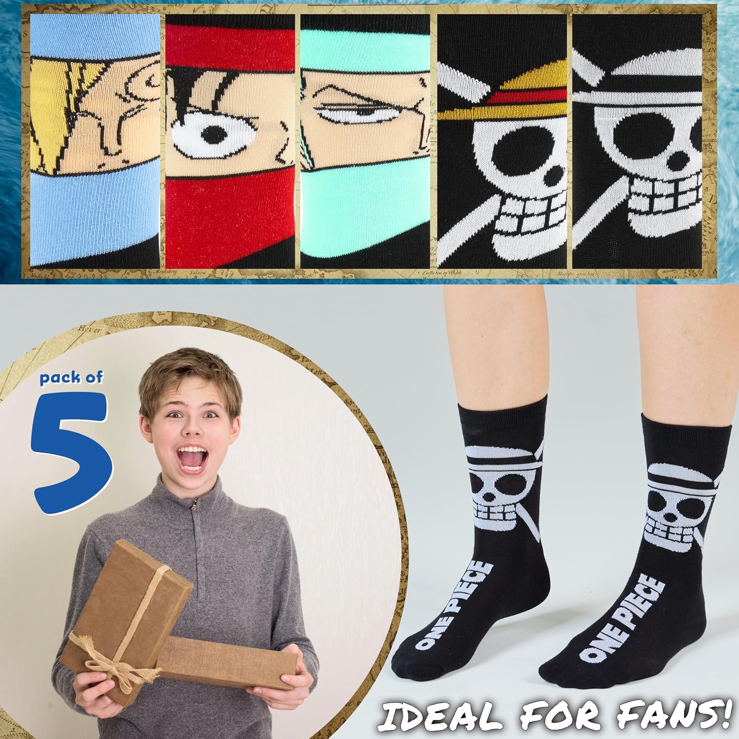 One Piece lot de 5 chaussettes mi-mollet noir Luffy homme et ado – Image 3
