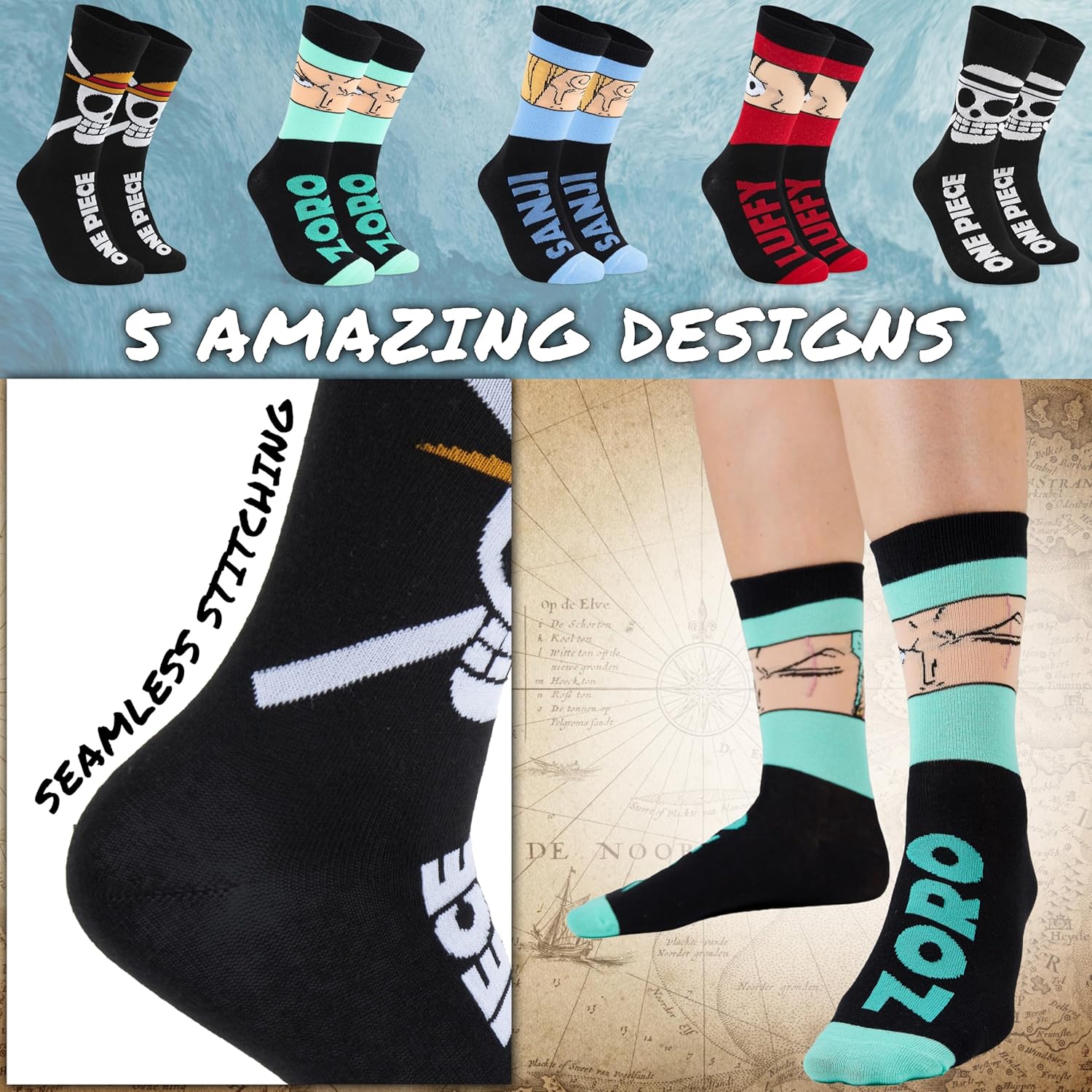 One Piece lot de 5 chaussettes mi-mollet noir Luffy homme et ado – Image 4