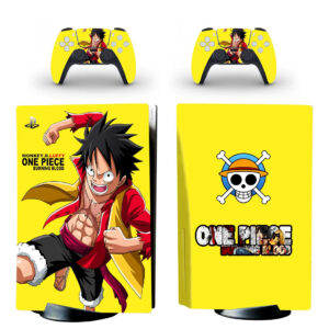 Stickers PS5 One Piece Luffy et logo Jolly Roger jaune