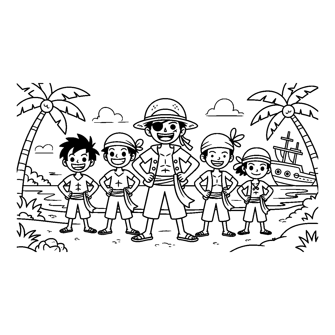 Coloriage One Piece gratuit à imprimer : Équipage pirate sur une île