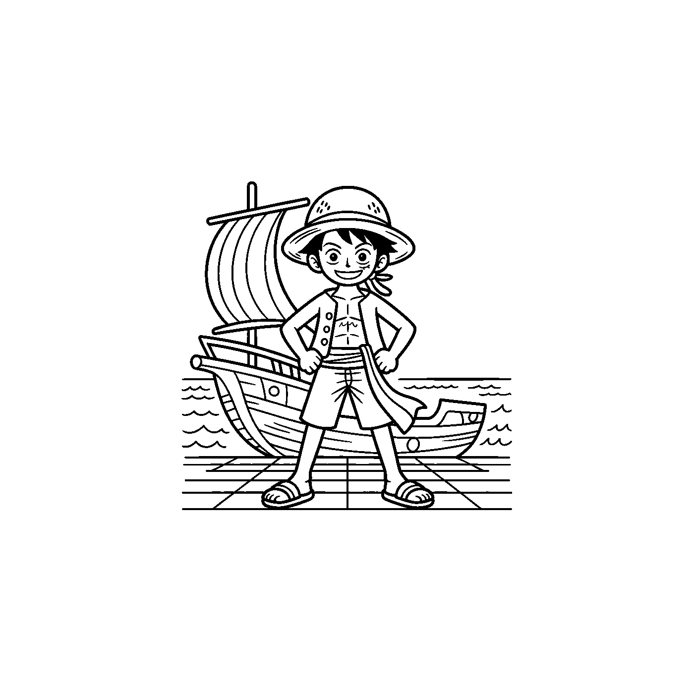 Coloriage One Piece gratuit à imprimer : Pirate au chapeau de paille devant son bateau