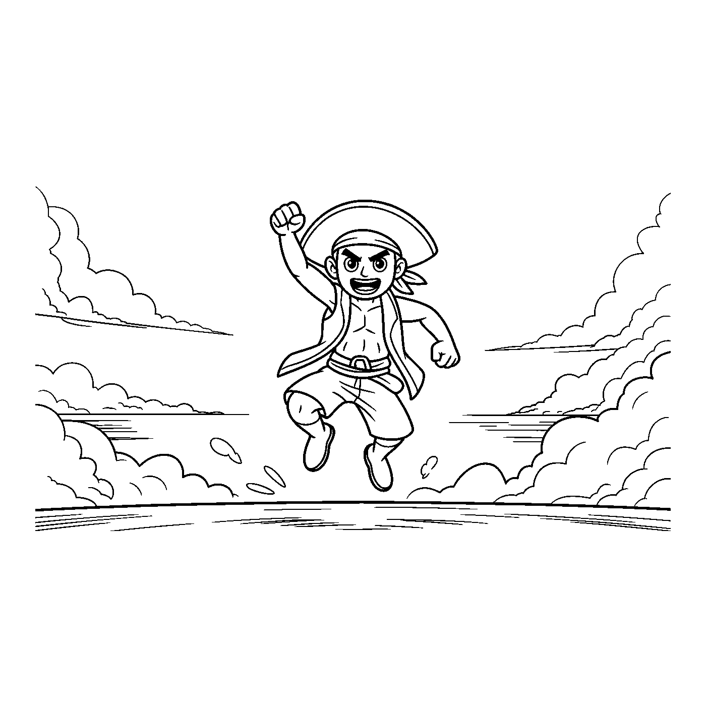 Coloriage One Piece gratuit à imprimer : Pirate au chapeau saute dans le ciel